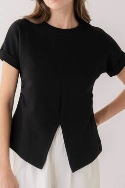 NEW ELLE GREY women's asymmetric short sleeve top in black